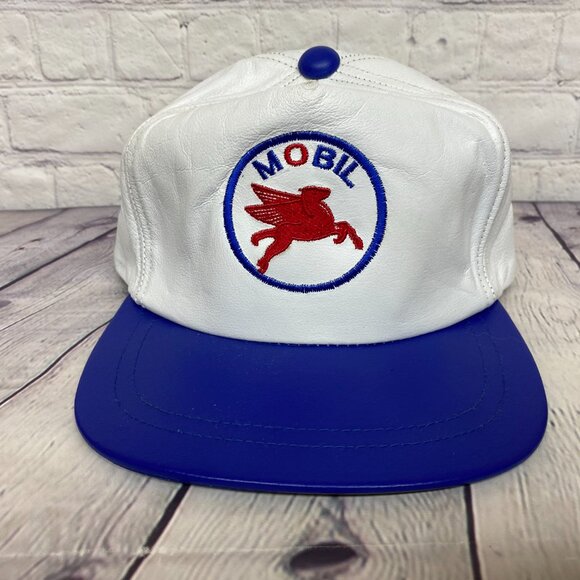Vintage Mobil Oil Leather Hat Cap Strap Back White Blue Embroidered Pegasus Logo - Picture 5 of 10